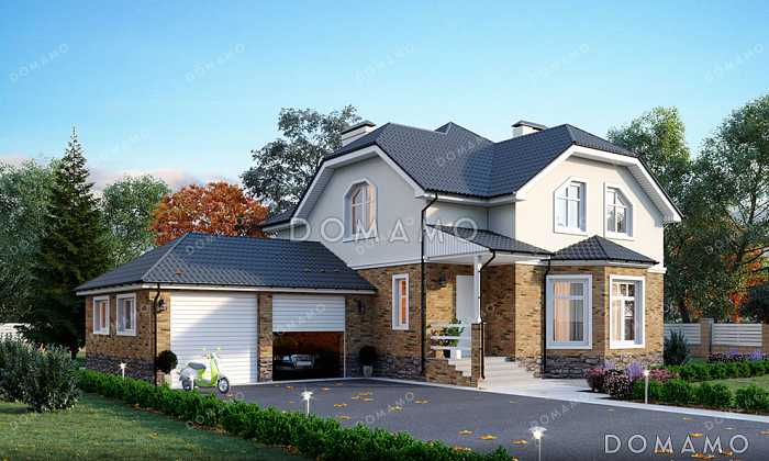 Проект дома с цокольным этажом, тремя спальнями, эркерами и гаражом на 2 машины