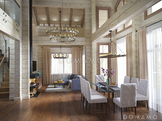 Проект дома из бруса с 4 спальнями, кабинетом и сауной