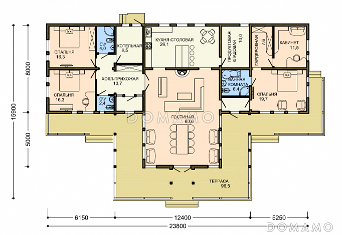 Проект большого одноэтажного дома с обширной террасой и приватной хозяйской территорией / План 1 этажа
