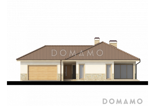 Проект просторного одноэтажного дома из кирпич с тремя спальнями, большой гардеробной и гаражом на два автомобиля / Фасад 1