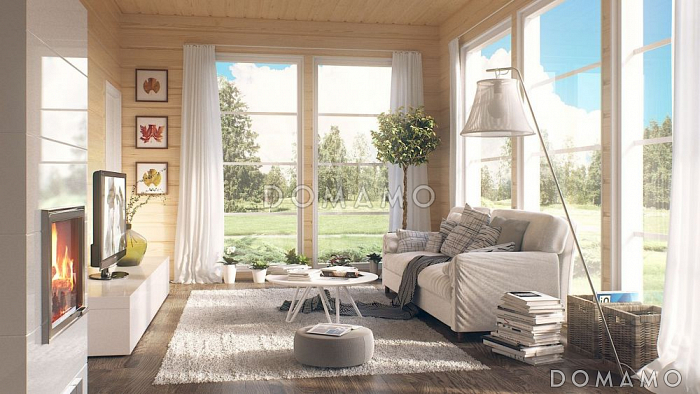 Проект современного одноэтажного каркасного дома с двумя небольшими спальнями