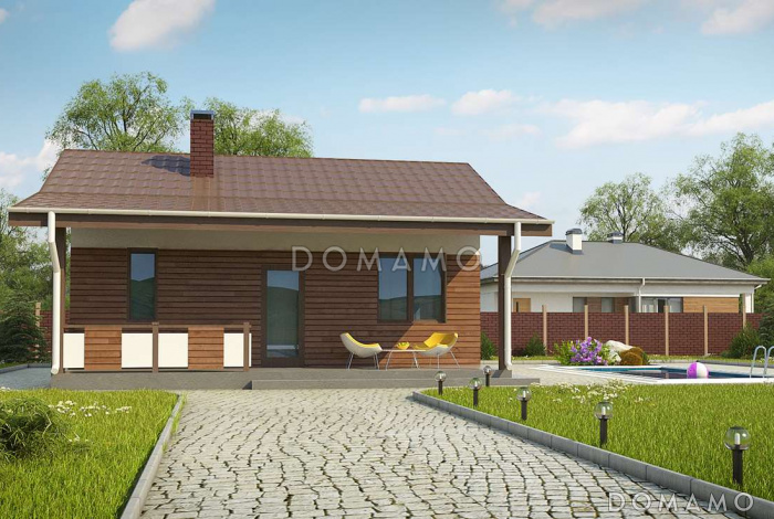 Проект бани из газобетона с комнатой отдыха и крытой террасой