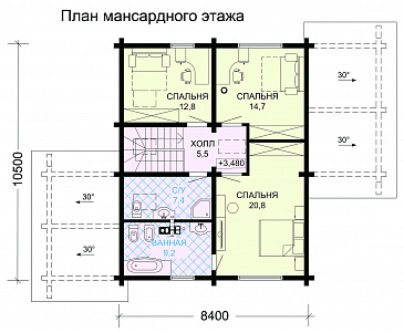 Проект современного дома из бруса в насыщенно-вишневом цвете с крытой террасой / План мансардного этажа