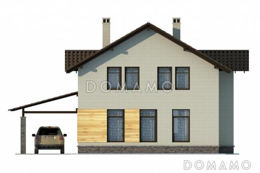 Проект двухэтажного коттеджа с облицовкой клинкером и с навесом для автомашины / Фасад 4