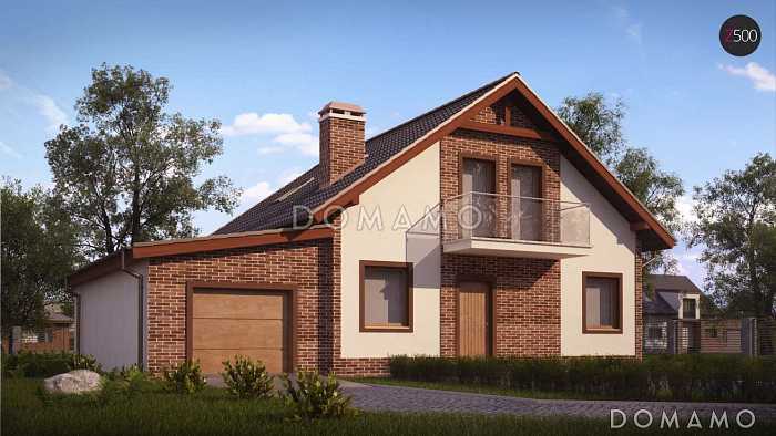 Проект одноэтажного мансардного дома из газобетона с гаражом, эркером и большой площадью остекления в гостиной