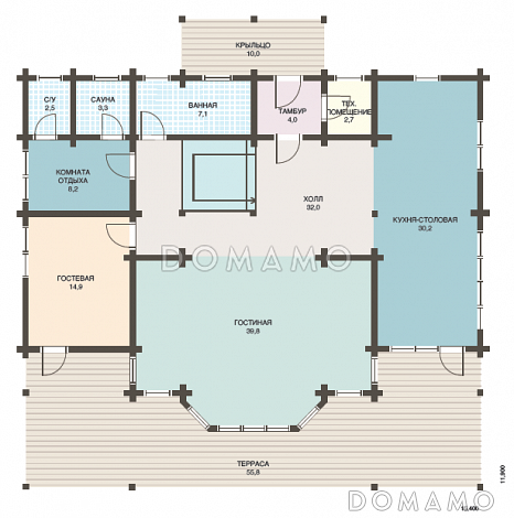 Проект дома из клееного бруса с обилием окон различной формы / План 1 этажа