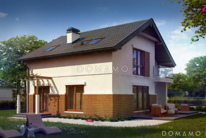 Проект одноэтажного дома с высоким мансардным этажом из кирпича с кабинетом и угловым балконом