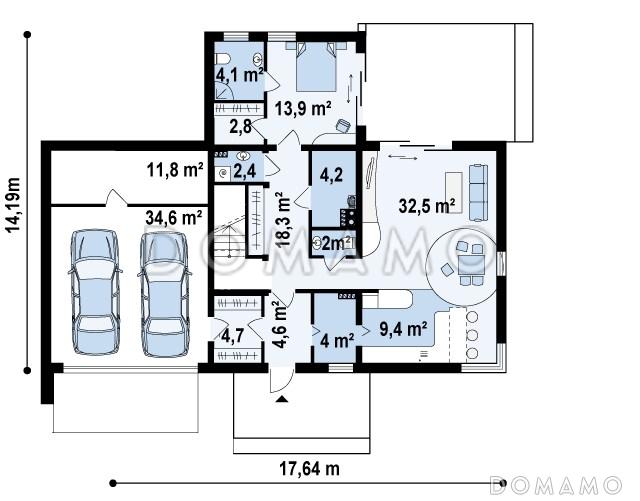 Проект современного двухэтажного дома из кирпича в стиле модерн, с террасой на втором уровне, с двухместным гаражом / План 1 этажа