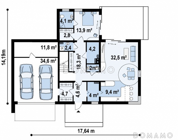 Проект современного двухэтажного дома из кирпича в стиле модерн, с террасой на втором уровне, с двухместным гаражом / План 1 этажа