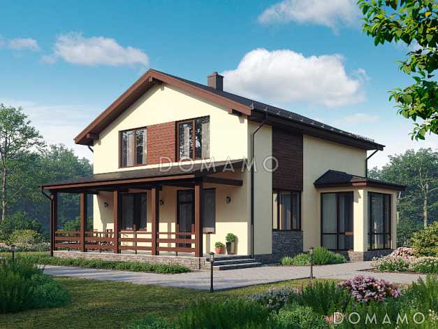 Проект дома из газобетона с террасой, кабинетом, эркером, кладовой