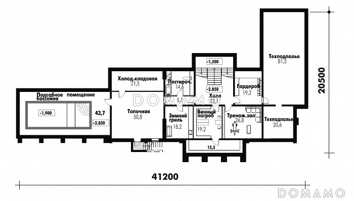 Большой дом в классическом стиле / План цокольного этажа