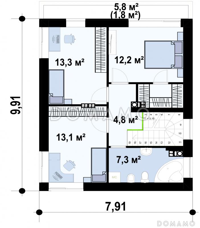Проект двухэтажного загородного дома с подвалом, вытянутой кухней с кладовой, светлыми спальнями на втором этаже / План 2 этажа