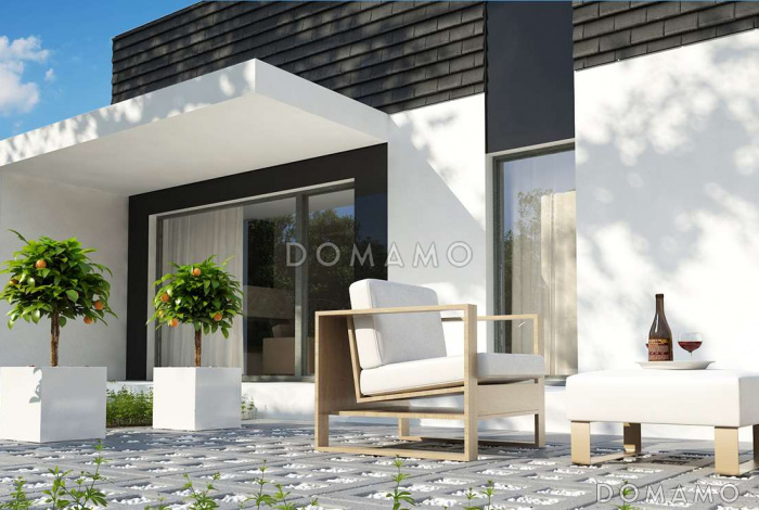 Проект современных мансардных домов-близнецов из газобетона с большим гаражом, открытой террасой на втором этаже и четырьмя спальнями