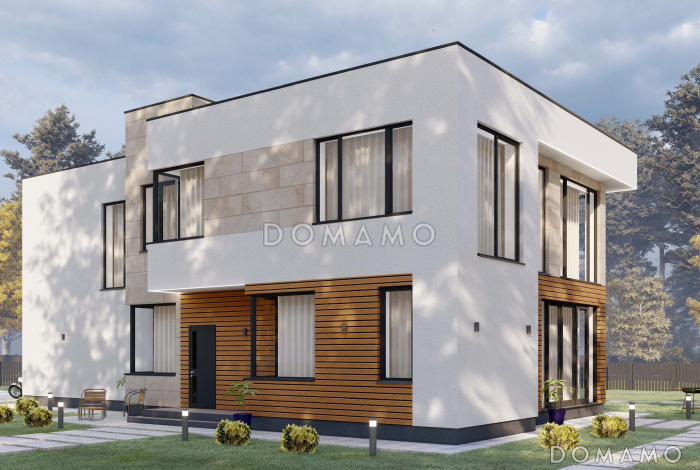 Проект коттеджа в стиле хайтек с гаражом на две машины S-269