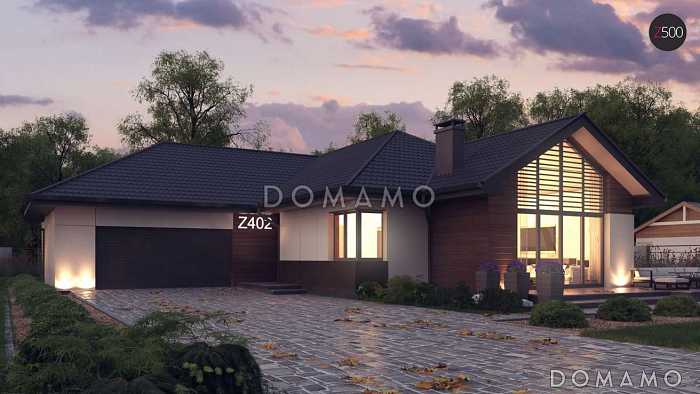 Проект просторного одноэтажного дома из газобетона с четырьмя спальнями, гаражом и панорамным остеклением гостиной