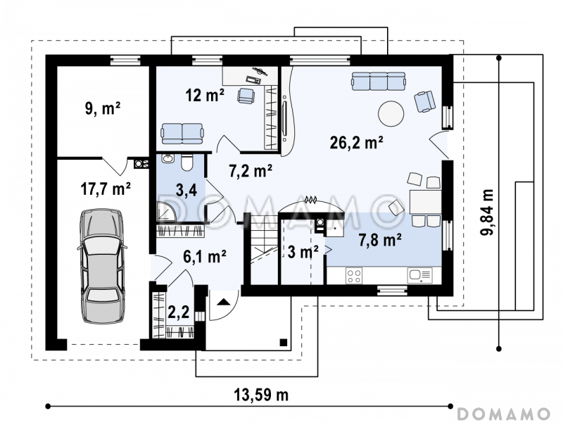 Проект одноэтажного дома из кирпича с угловой мансардой и встроенным гаражом / План 1 этажа