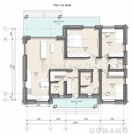 Проект одноэтажного дома с тремя спальнями, гардеробной, сауной и террасой / План 1 этажа