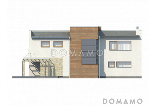 Проект современного двухэтажного дома в стиле хай-тек из кирпича с плоской крышей, гаражом и балконом / Фасад 4
