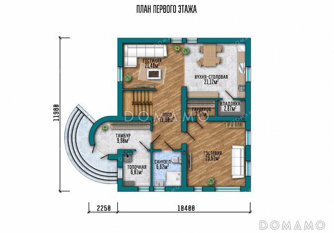 Проект дома с круглым эркером в кабинете, четырьмя спальнями и кладовой на кухне / План 1 этажа