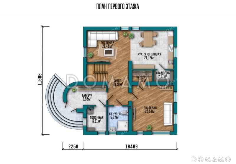 Проект дома с круглым эркером в кабинете, четырьмя спальнями и кладовой на кухне / План 1 этажа