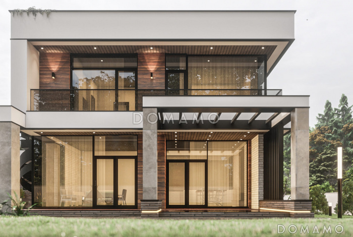 Проект современного двухэтажного дома из газобетона с сауной и балконом