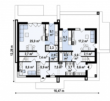 Проект комфортного одноэтажного мансардного дома из газобетона для двух семей / План 1 этажа