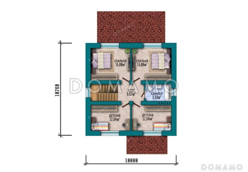 Проект двухэтажного дома с пятью комнатами и совмещенной кухней-гостиной / План 2 этажа