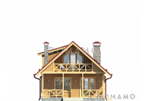 Проект одноэтажного дома из бруса с мансардой и двумя террасами на обоих этажах по всей ширине дома / Фасад 3