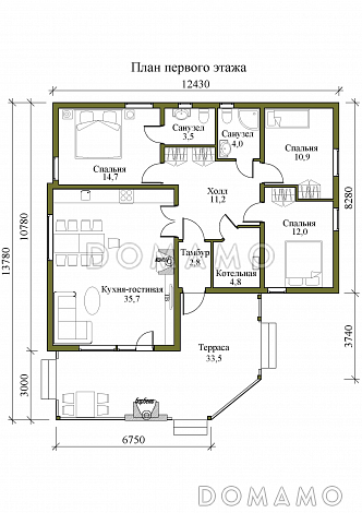 Проект одноэтажного дома с камином внутри и барбекю на террасе под крышей / План 1 этажа