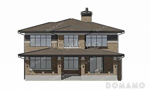 Проект большого двухэтажного дома с подвалом в стиле Райт с комбинированной отделкой и широкой кровлей / Фасад 1