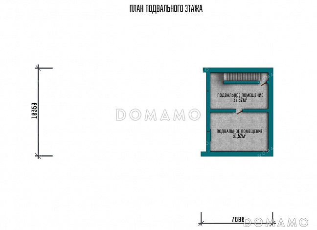 Проект дома с гаражом, навесом, подвалом, мастер-спальней и двумя детскими / План подвала