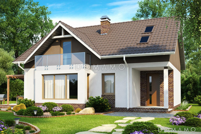 Проект дома с террасой, балконом, мансардными окнами, эркером в гостиной