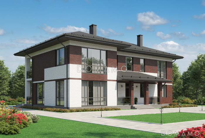 Двухэтажный загородный дом из кирпича