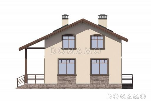 Проект дома с эркером в кухне, двумя спальнями на первом этаже, гостиной с камином, террасой / Фасад 3