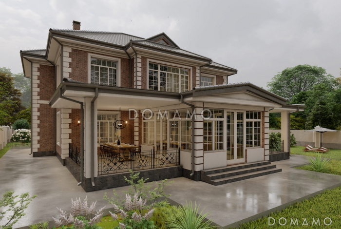 Проект двухэтажного дома из газобетона с пристроенным навесом, верандой и камином