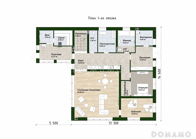 Проект дома с подвалом, сауной, 4 спальнями и вторым светом / План 1 этажа