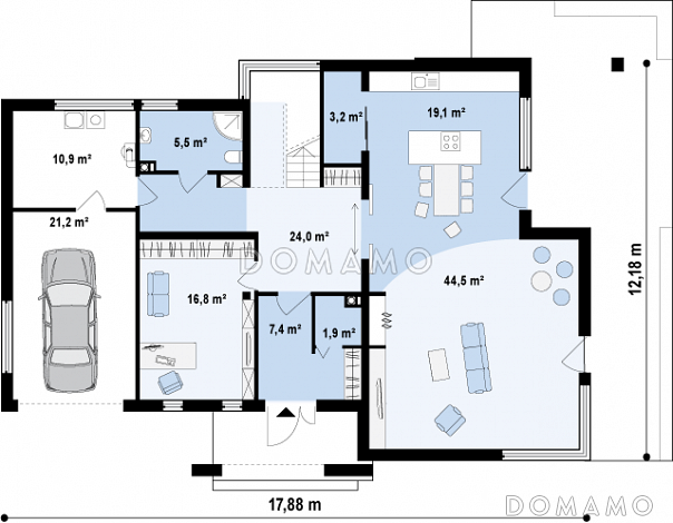 Проект современного двухэтажного дома в стиле хай-тек из кирпича с плоской крышей, гаражом и балконом / План 1 этажа