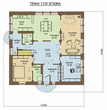 Проект одноэтажного дома с мансардой, с зоной СПА на цокольном этаже / План 1 этажа