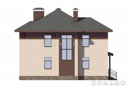 Проект дома с небольшой крытой террасой, эркерами, гостевой на первом этаже, кладовой под лестницей, кабинетом / Фасад 3
