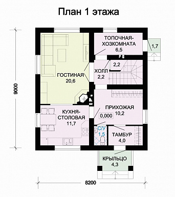 Проект дома из пеноблоков с просторной гостиной и двумя балконами / План 1 этажа