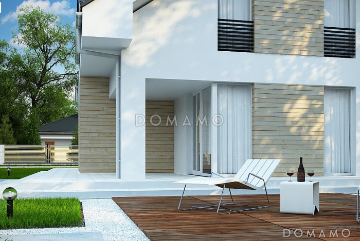 Проект мансардного дома из газобетона со встроенным гаражом, кабинетом и балконом