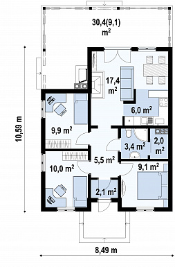 Проект компактного одноэтажного дома с барбекю на большой террасе для каркасного строительства / План 1 этажа