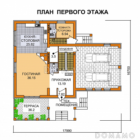 Проект дома из пеноблоков с гаражом и бассейном расположенные на цокольном этаже / План 1 этажа