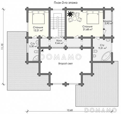 Проект большого дома из строганного бревна / План мансардного этажа