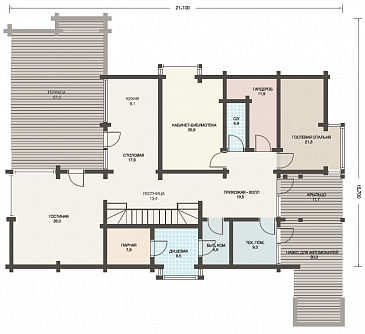Проект двухэтажного дома из клееного бруса с парной и навесом для авто / План 1 этажа
