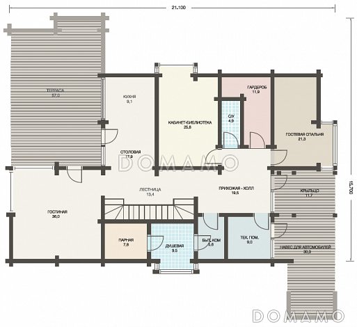 Проект двухэтажного дома из клееного бруса с парной и навесом для авто / План 1 этажа