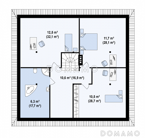 Проект большого одноэтажного мансардного дома из кирпича с тремя спальнями на каждом этаже / План мансардного этажа