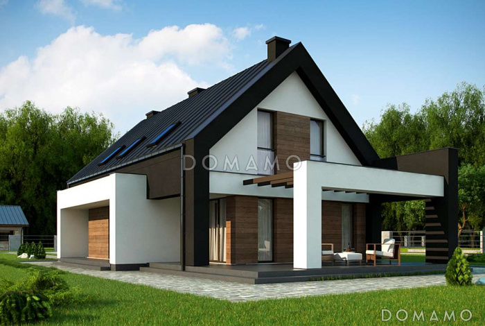 Проект удобного современного одноэтажного мансардного дома из газобетона с гаражом и тремя спальнями на мансарде