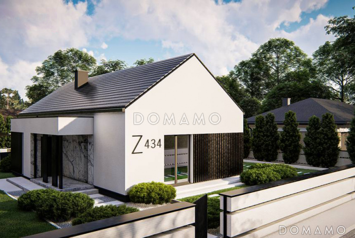 Проект одноэтажного дома с продуманной планировкой, эркером, навесом, объединенной кухней и гостиной