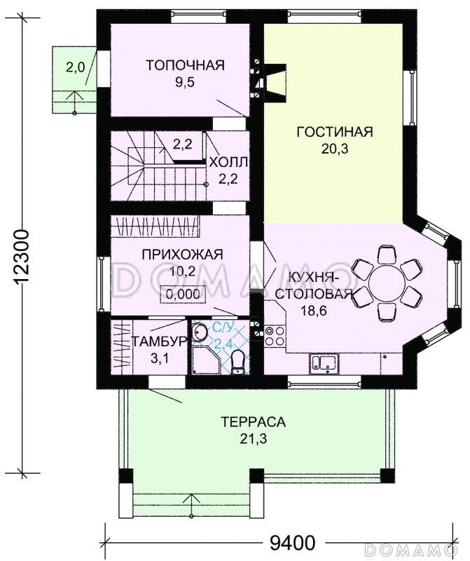 Проект дома с мансардой, крытой террасой и тремя спальными комнатами / План 1 этажа